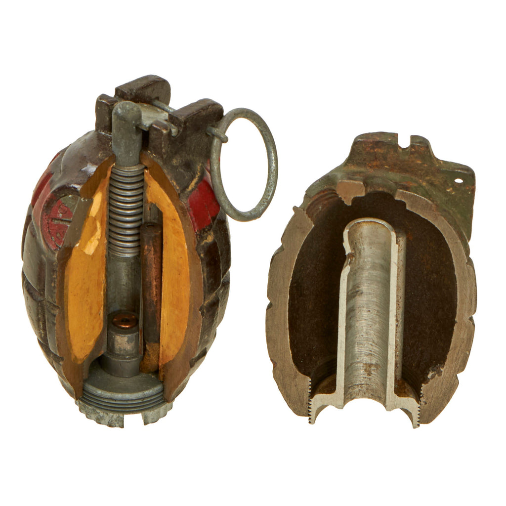 Original British WWII Pair of Mills Bomb No. 36M MKI Training Cutaway Grenades Dated 1943 - Inert Original Items