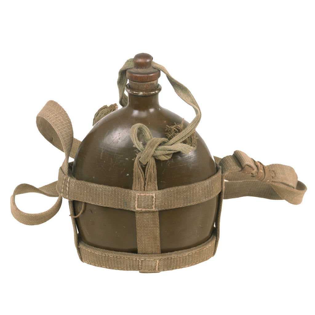 Original Japanese WWII Aluminum Canteen in Canvas Carrier with Model B Wood Stopper - dated 1943 Original Items