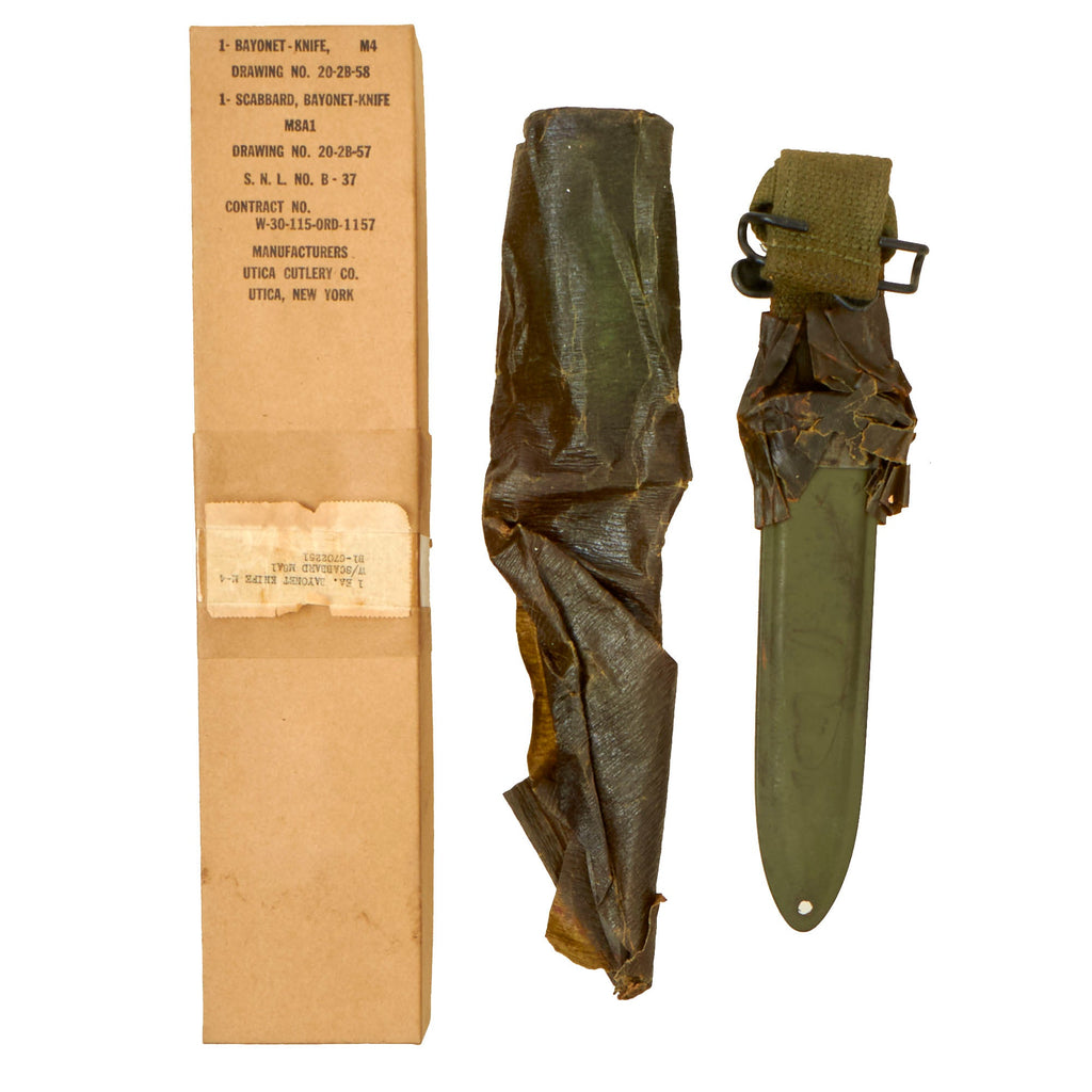 Original U.S. WWII Unissued M4 Bayonet by Utica Cutlery for the M1 Carbine with M8A1 Scabbard Wrapped in Original Box Original Items
