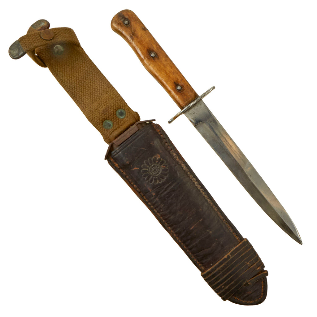 Original German WWII G.I. Captured Luftwaffe Fallschirmjäger Fighting Knife in Modified U.S. M8 Scabbard - Weimar Eagle 6 Marked Original Items