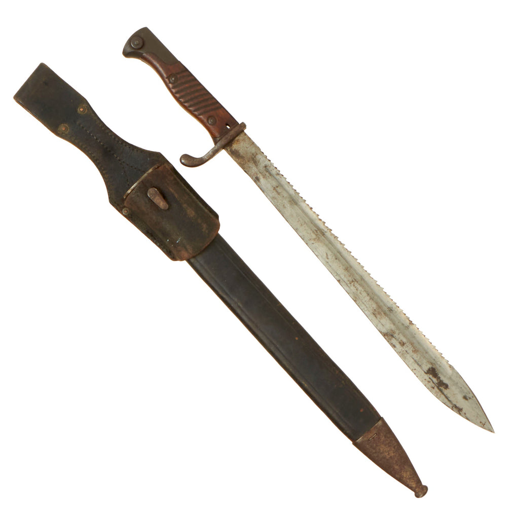 Original German WWI M1898/05 n/A Butcher Sawback Bayonet by DEMAG with Early Leather Scabbard & Frog - Dated 1916 Original Items