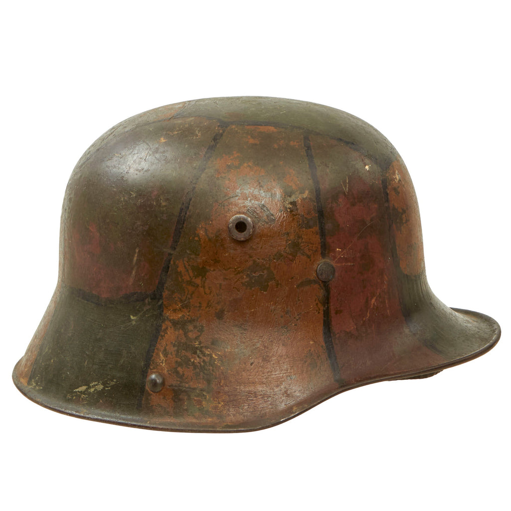 Original Imperial German WWI M16 Stahlhelm Helmet with Panel Camouflage Paint & Partial Chinstrap - Marked TJ66 Original Items