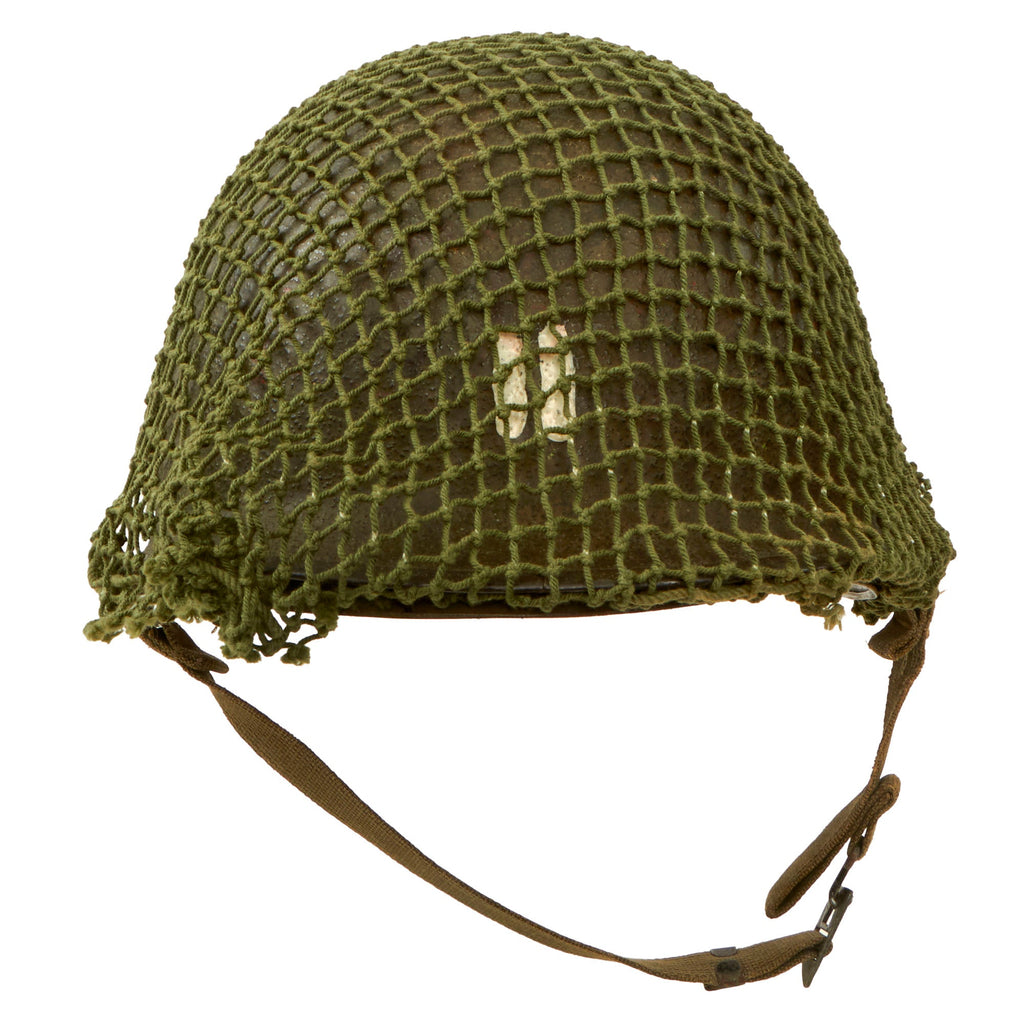 Original U.S. WWII 1944 McCord Front Seam Swivel Bale M1 Helmet with Net and International Molded Plastics Liner with Laundry Number Original Items