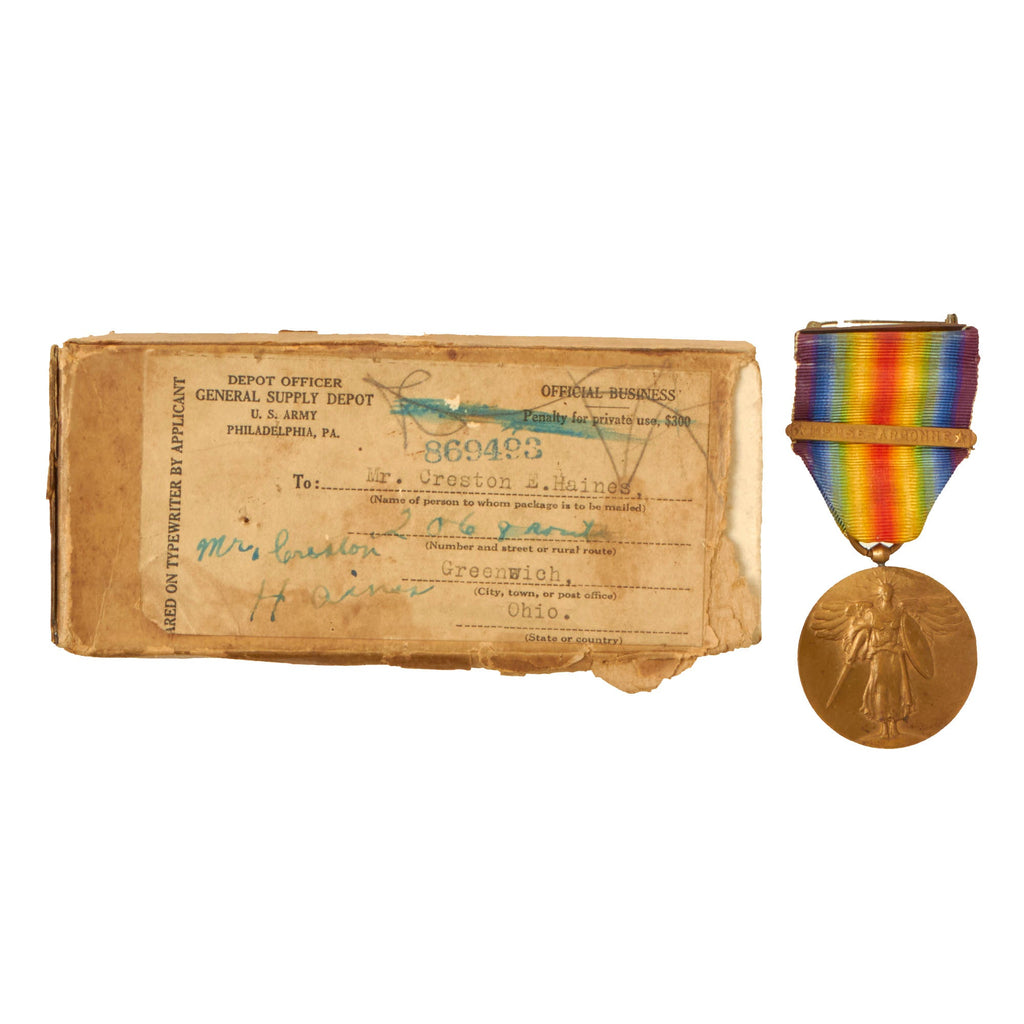Original U.S. WWI 114th Engineers Named Victory Medal in Original Box with Meuse-Argonne Offensive Clasp - Creston E. Haines Original Items