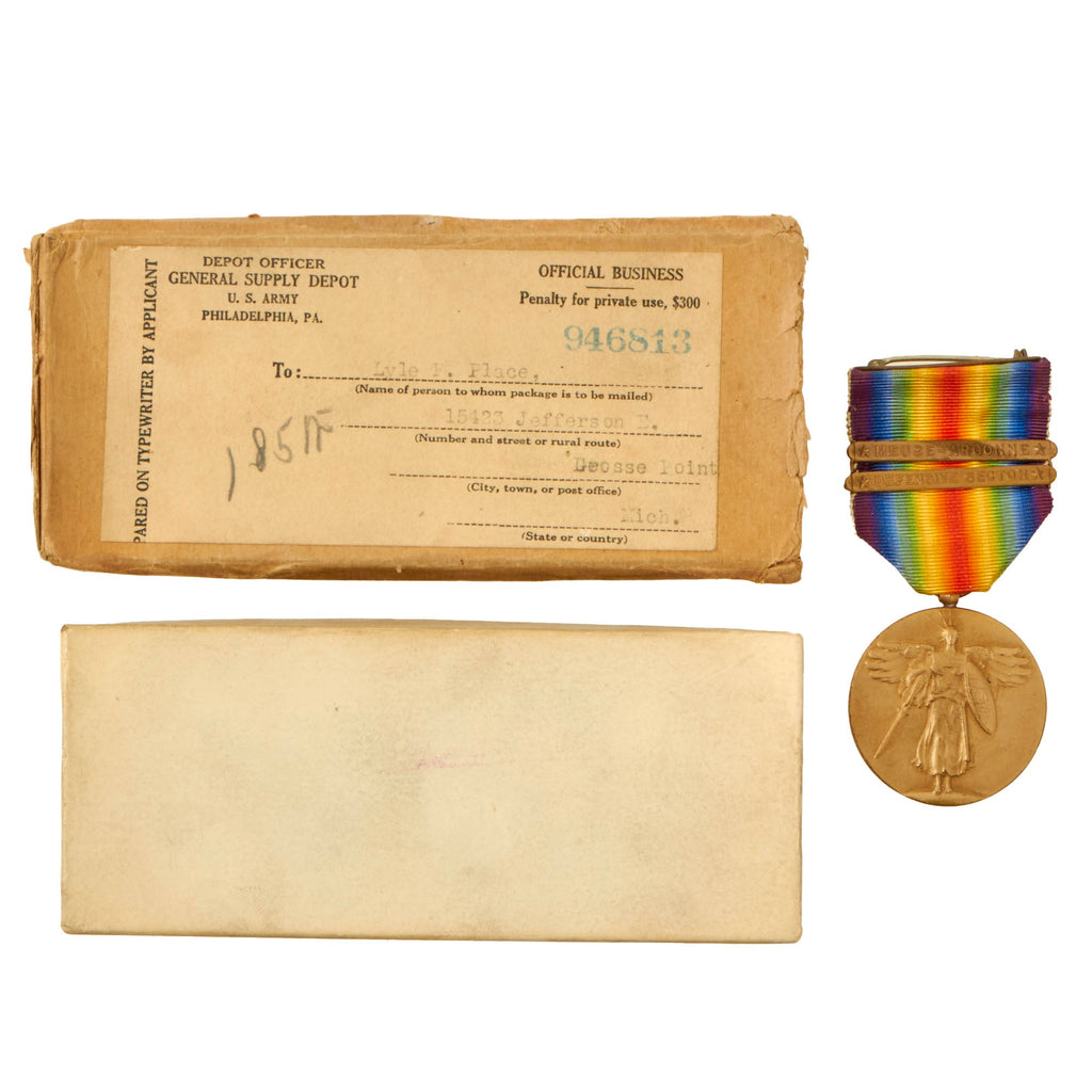 Original U.S. WWI 85th Divison Military Police Company Named Victory Medal in Original Box with Meuse-Argonne Offensive & Defensive Sector Clasp - Lyle F. Place Original Items