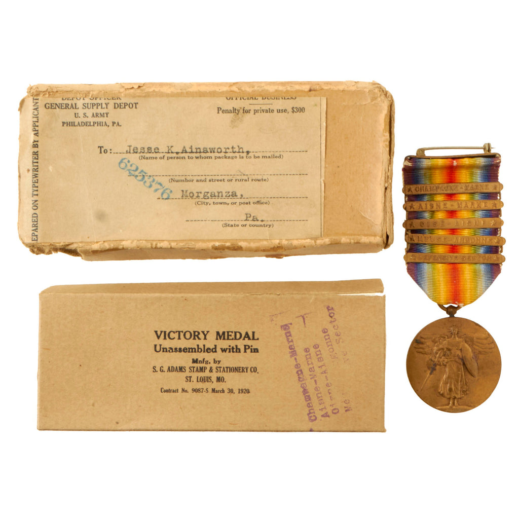 Original U.S. WWI 28th Division 5-Bar Victory Medal in Original Named Box - Jesse K. Ainsworth, 103th Supply Train Original Items