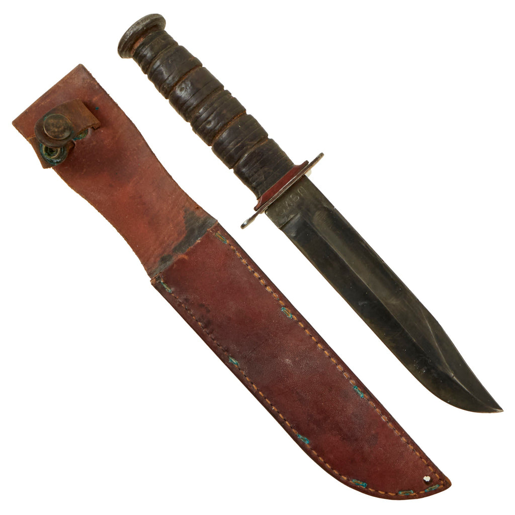 Original U.S. WWII USMC Mark 2 KA-BAR Fighting Knife With Leather Sheath - Marked with Laundry Number Original Items