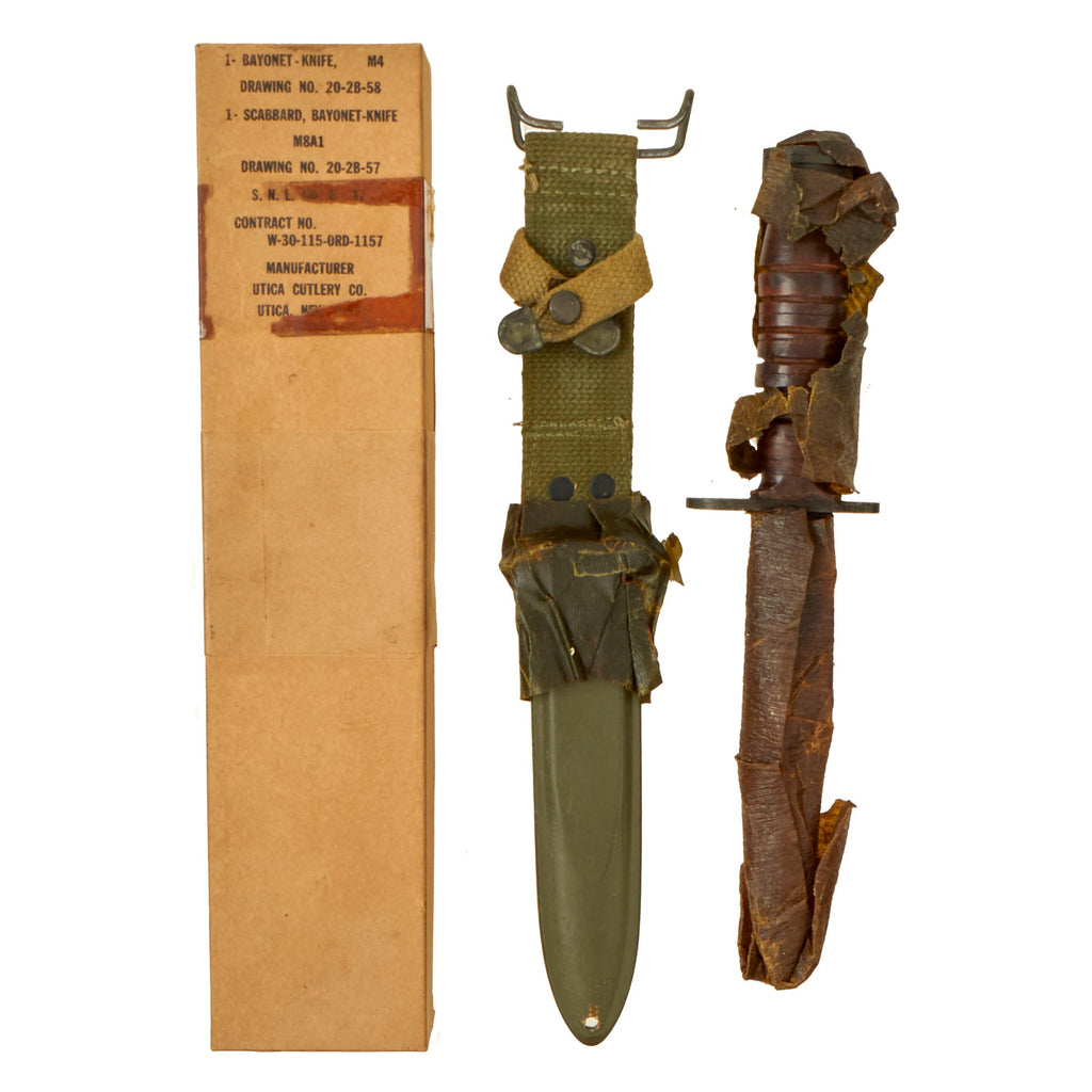 Original U.S. WWII Unissued M4 Bayonet by Utica Cutlery for the M1 Carbine with M8A1 Scabbard Wrapped in Original Box Original Items