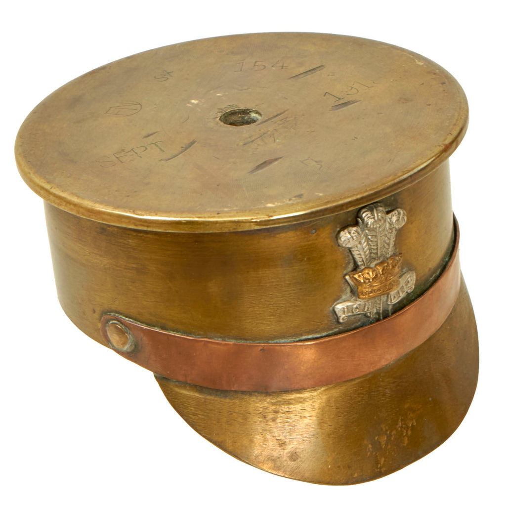Original British WWI Trench Art Artillery Shell Officer's Visor Cap with Prince of Wales Leinster Regiment Badge Original Items