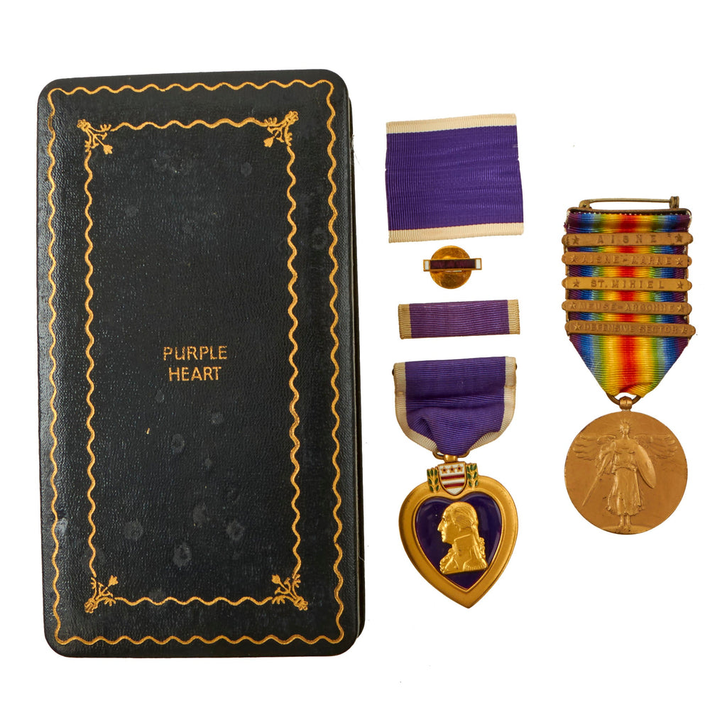 Original U.S. WWI 2nd Division 9th Infantry Regiment Purple Heart & Victory Medal Grouping in Original Presentation Case to Canadian-Born Immigrant Herver Hotte Original Items