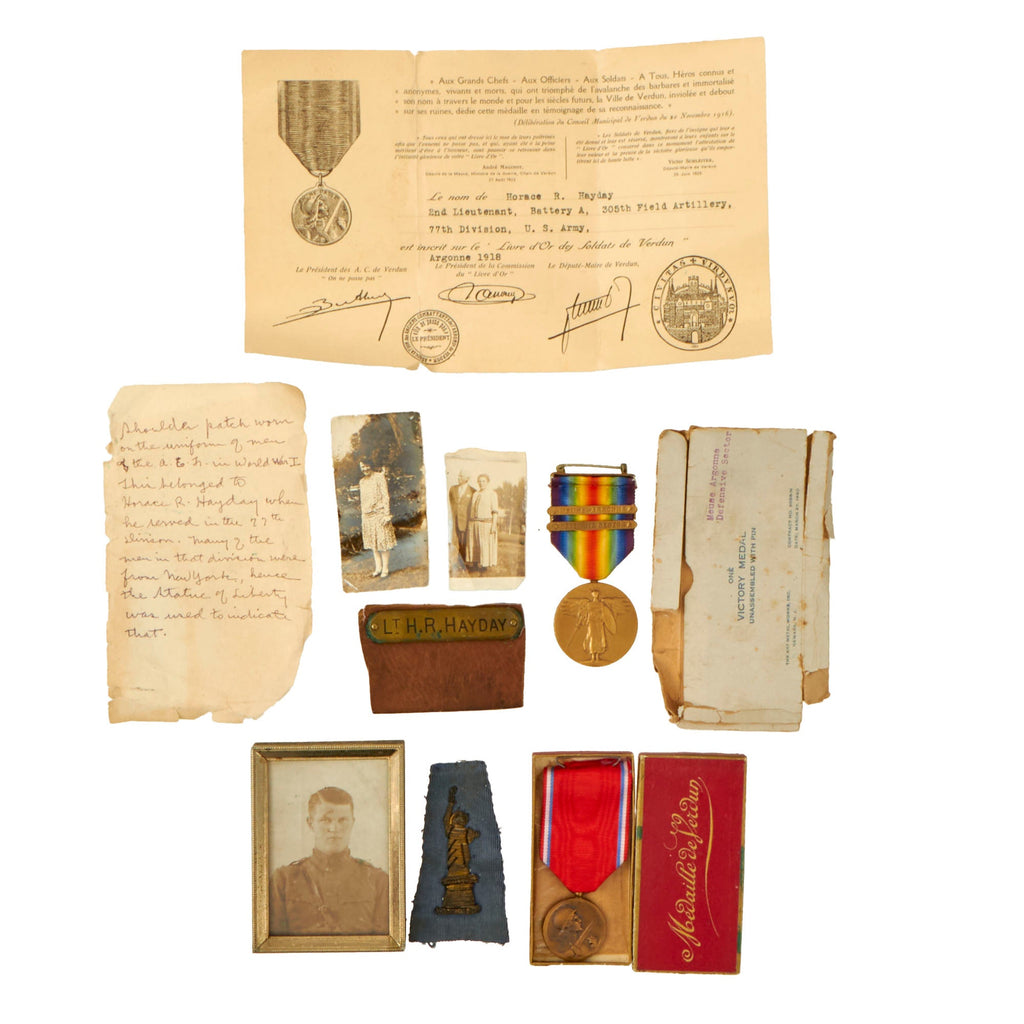 Original U.S. WWI Named 77th Division Officer’s Victory Medal & Ephemera Grouping - 305th Field Artillery Original Items