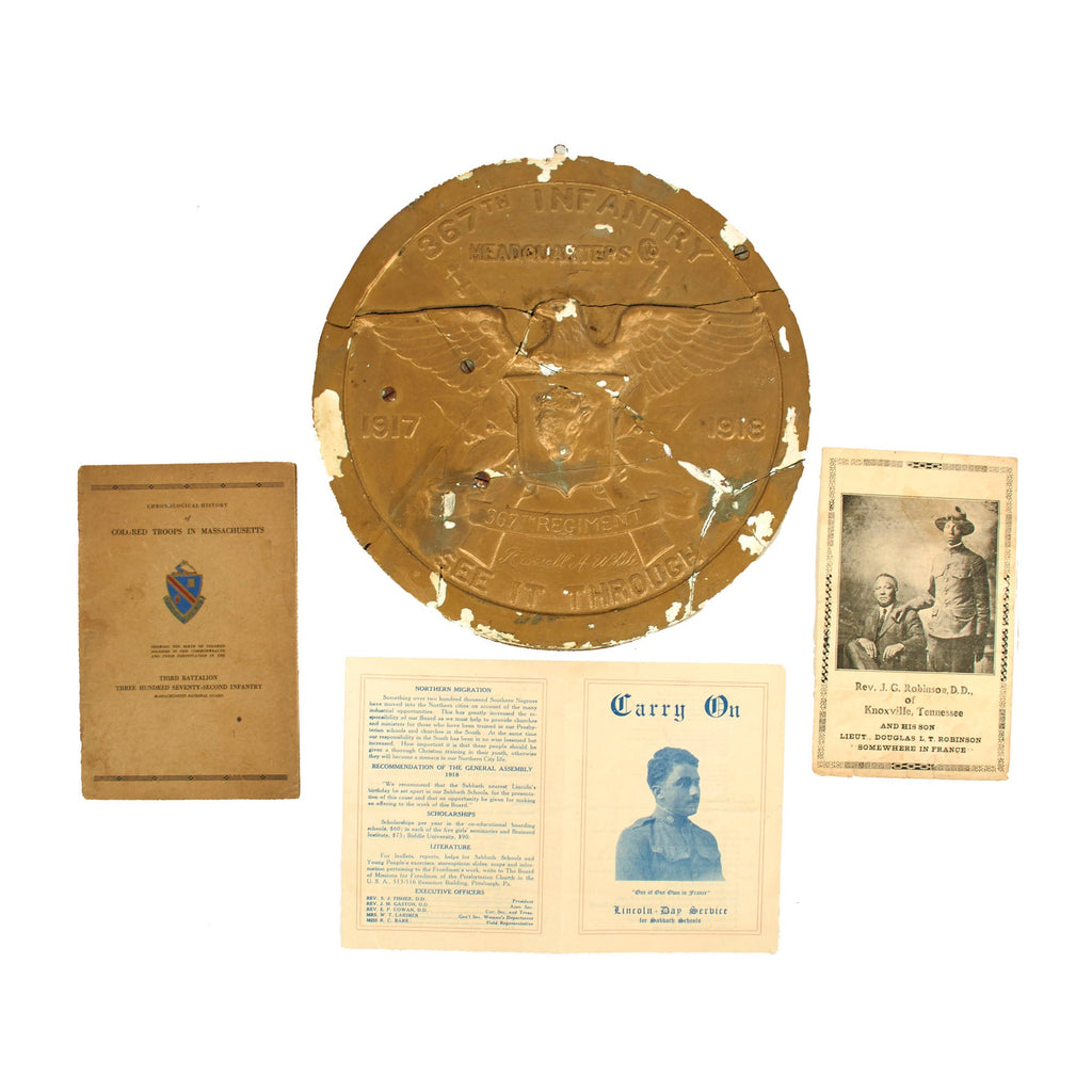 Original U.S. WWI 92nd Division “Buffalo Soldiers” African-American 367th Infantry Regiment Commemorative Plaque with Ephemera - Russell A. White Original Items