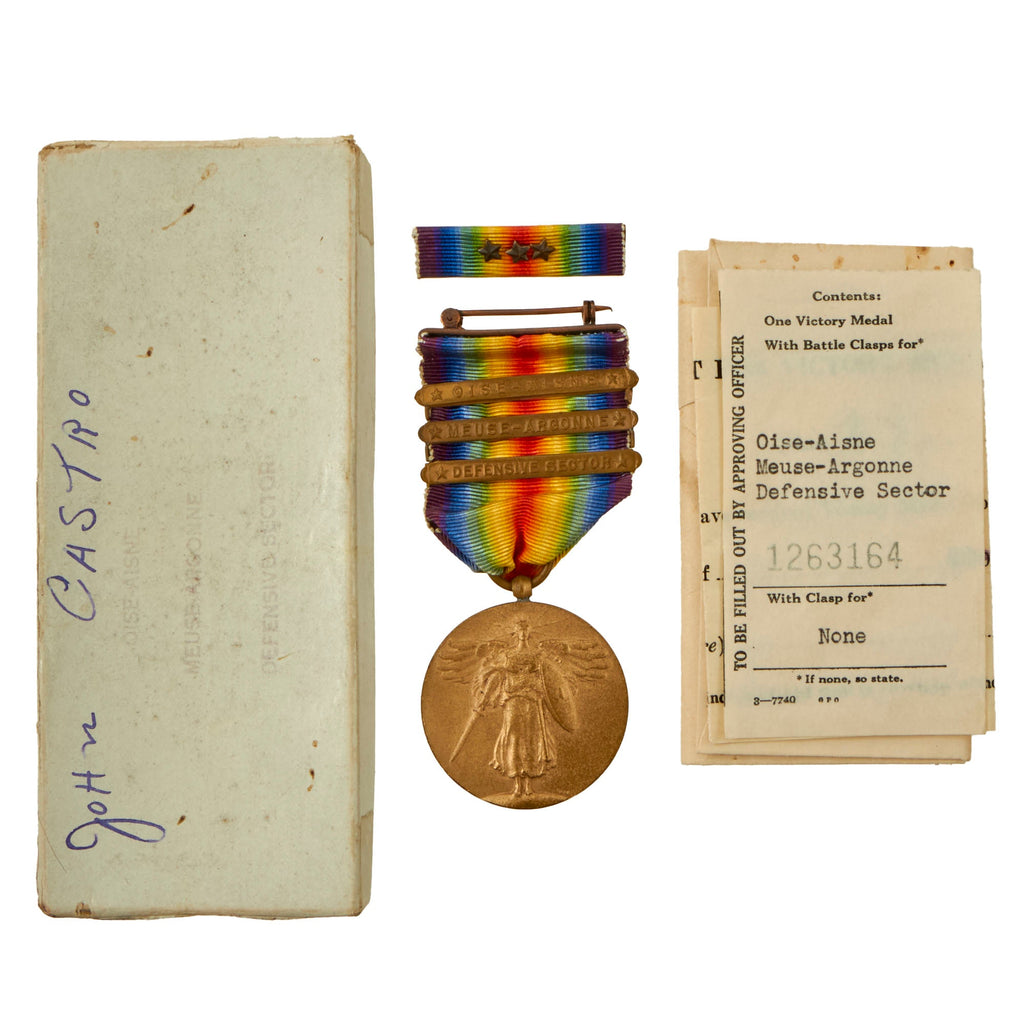 Original U.S. WWI Named Victory Medal with Three Campaign Bars in Original Issue Box with Ribbon - John Castro Original Items