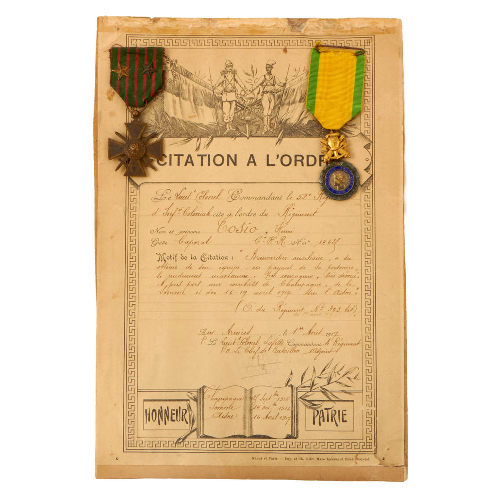 Original French WWI Named Military Medal & Croix de Guerre Grouping with Attached Citation - Henri Cosio, 52nd Regiment Colonial Infantry Original Items