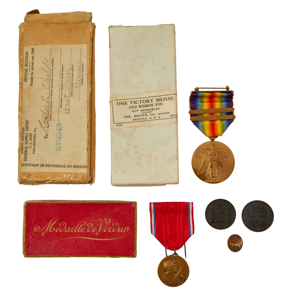 Original U.S. WWI 29th Division Victory Medal & Verdun Medal Grouping with Collar Discs & Certificate - Lester L Childs, 104th Engineers Original Items