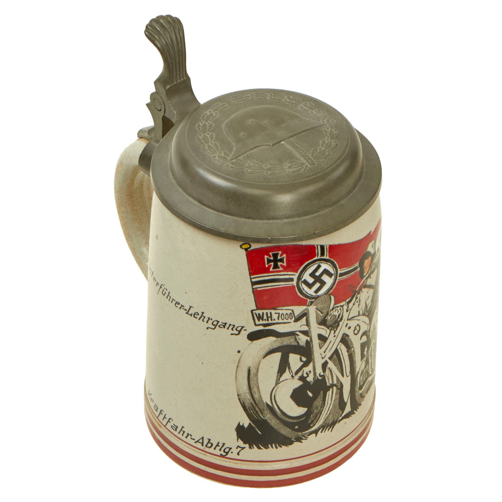 Original German WWII Named Unit Marked Motorcycle Corps NCO Training 0.5L Beer Stein - Ceramic with Pewter Lid Original Items