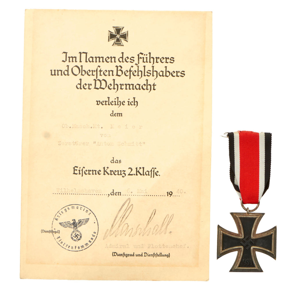 Original German WWII Iron Cross 2nd Class 1939 EKII with Named Document & Ribbon - Survivor of Destroyer Z22 Anton Schmitt - Battle of Narvik Original Items