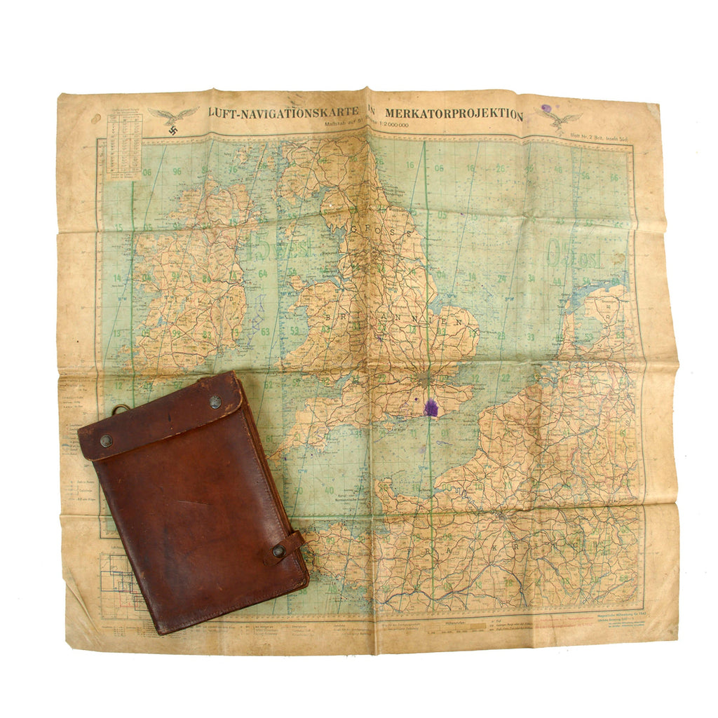 Original German WWII Luftwaffe Double-Sided Flight Navigator Map of England "Battle of Britain" in Unit-Marked Map Case to Kampfgeschwader 51 Original Items
