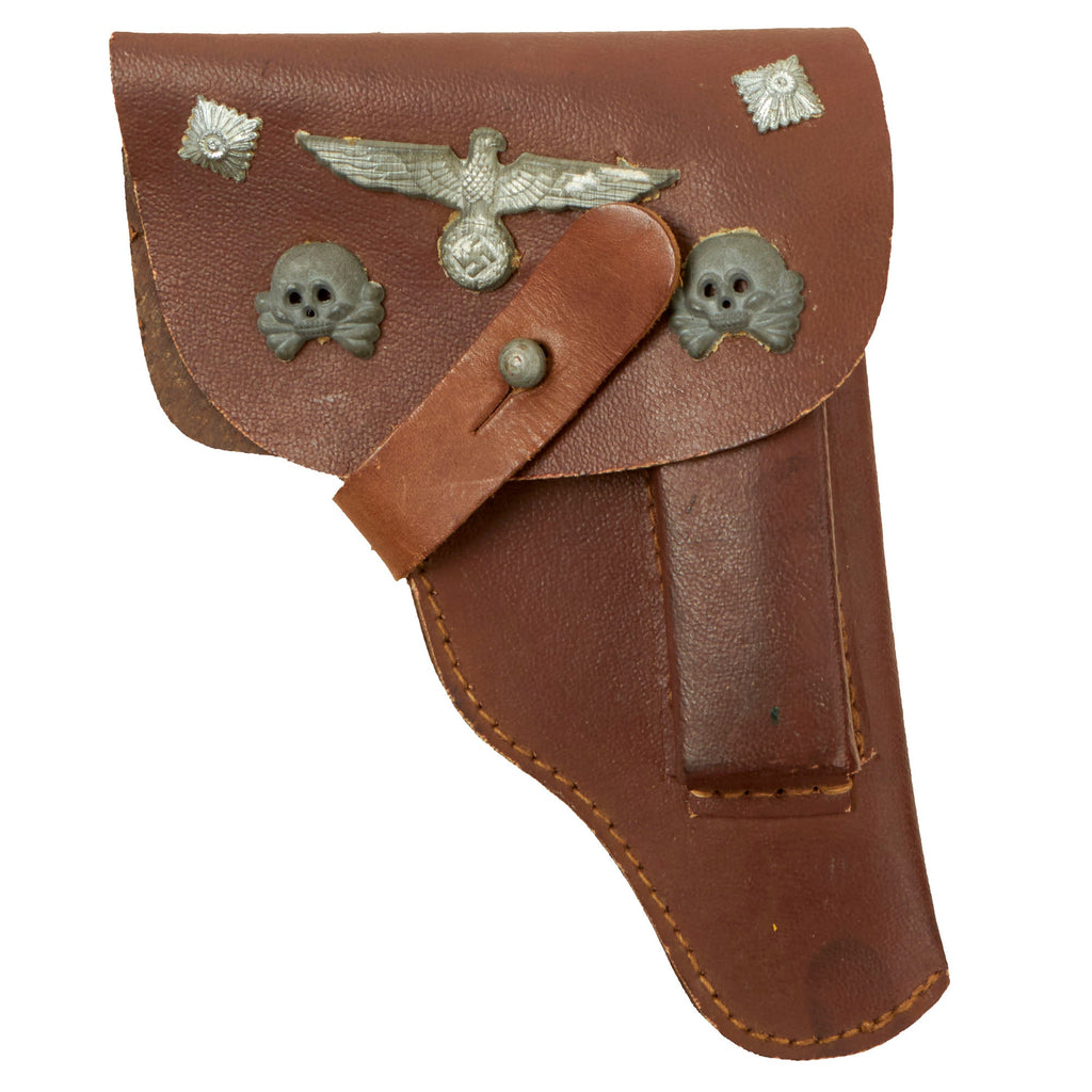 Original WWII German .32 Caliber Preßstoff Pistol Holster with G.I. Applied Panzer Skulls & Eagle Insignia Original Items