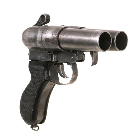 Original Japanese WWII Two Barrel Type 90 Flare Signal Pistol Serial G-80-5332 in Original Leather Holster with Scrubbed Markings Original Items