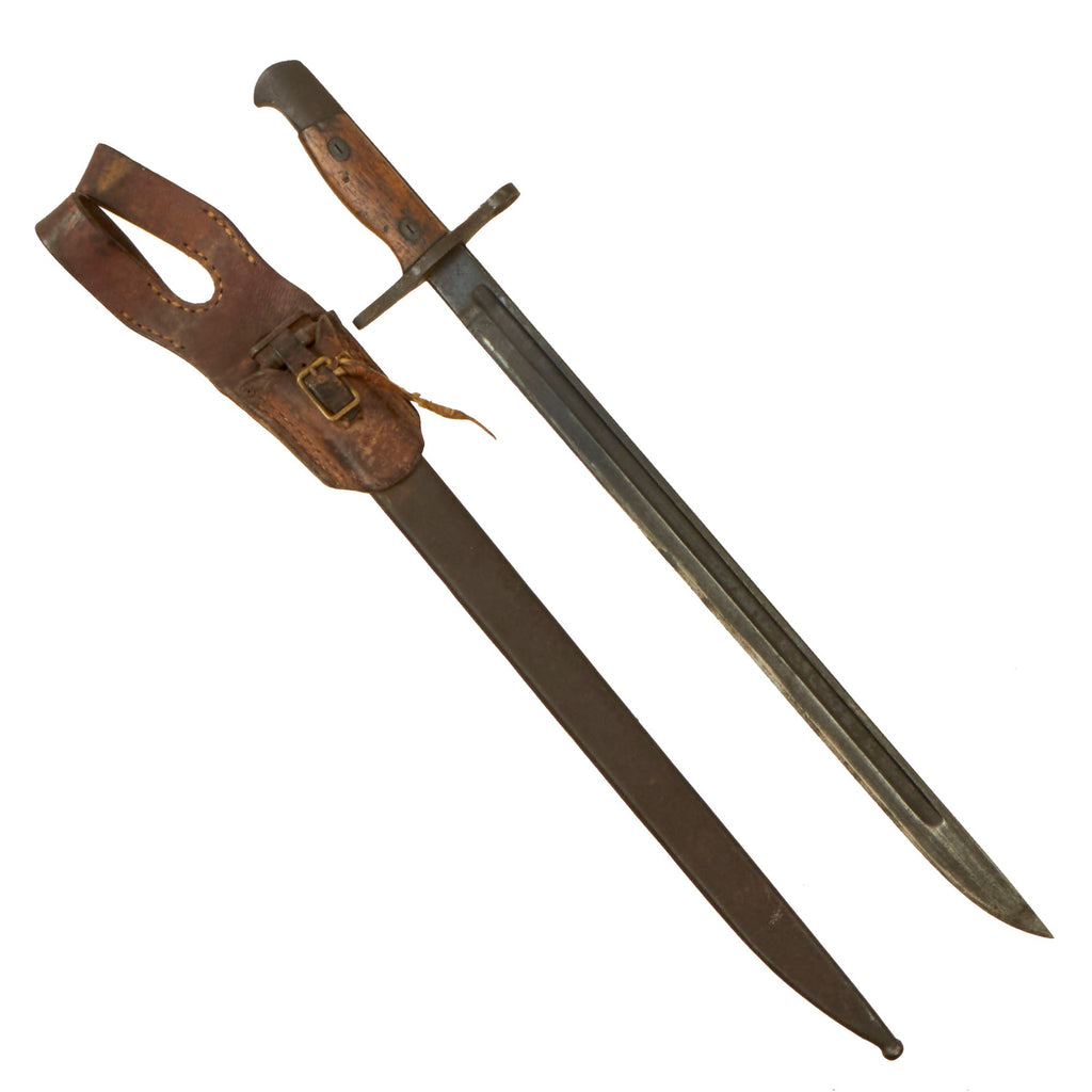 Original Japanese WWII Arisaka Type 30 Bayonet Toyoda Jidoshoki Seisakusho Under Nagoya Supervision with Steel Scabbard and Leather Frog Original Items