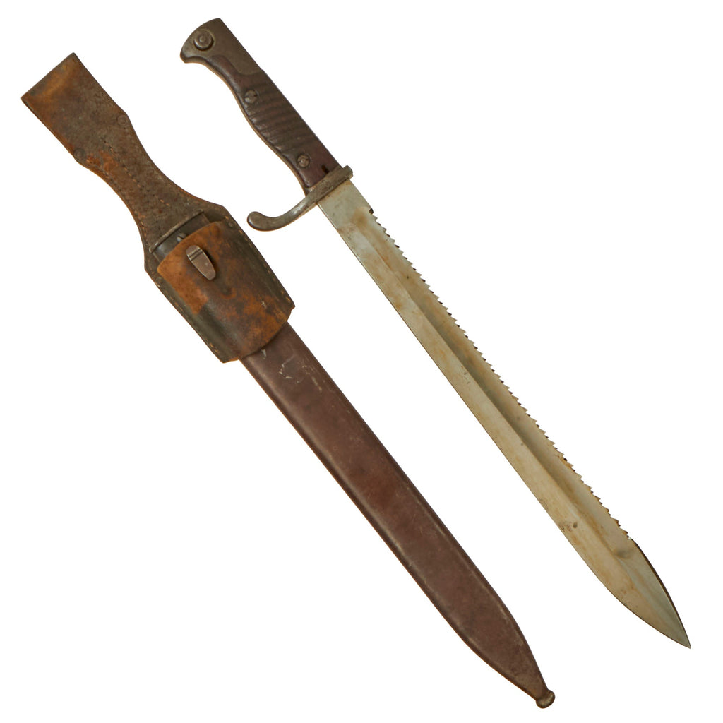 Original German WWI M1898/05 n/A Butcher Sawback Bayonet by Mauser with Scabbard & 1917-Dated Frog - Dated 1916 Original Items