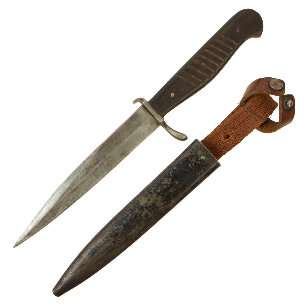 Original German WWI Trench Fighting Knife with Ribbed Grips & Original Rolled Steel Scabbard Original Items