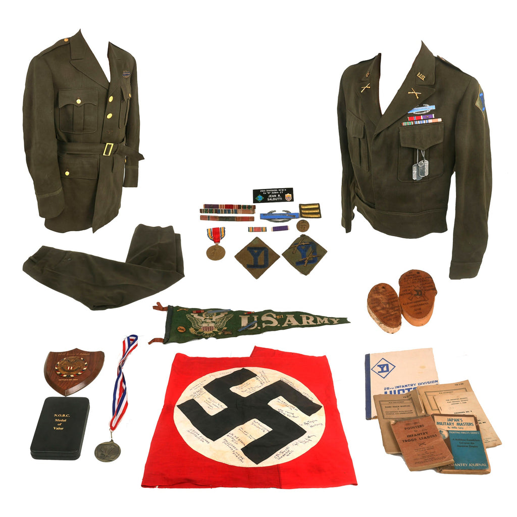 Original U.S. WWII Battle of the Bulge Bronze Star Recipient Uniform & Captured Signed German Flag Grouping - Interview Published Online - Lt. Samuel A. Saldutti, 328th Infantry, 26th Yankee Infantry Division Original Items