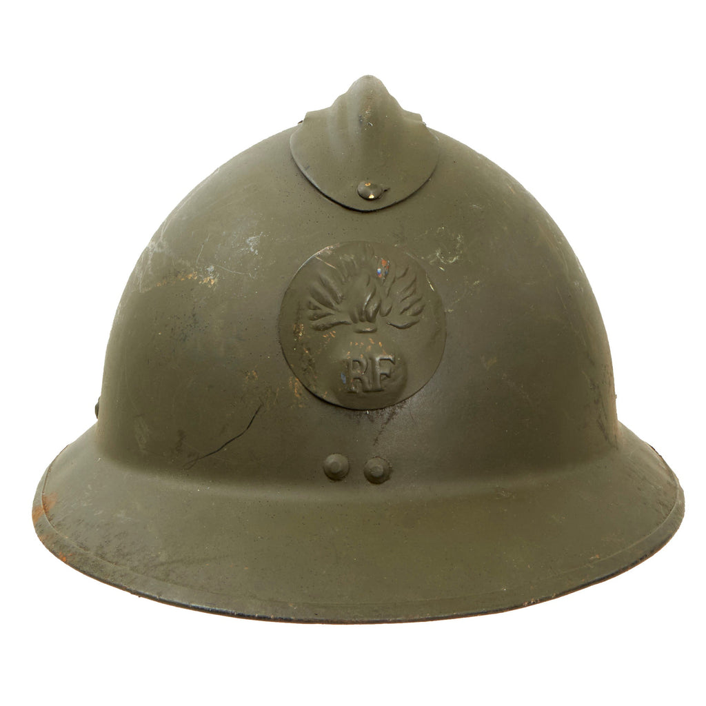 Original French WWII M1926 Adrian Helmet with Liner and Chinstrap - Olive Green Original Items