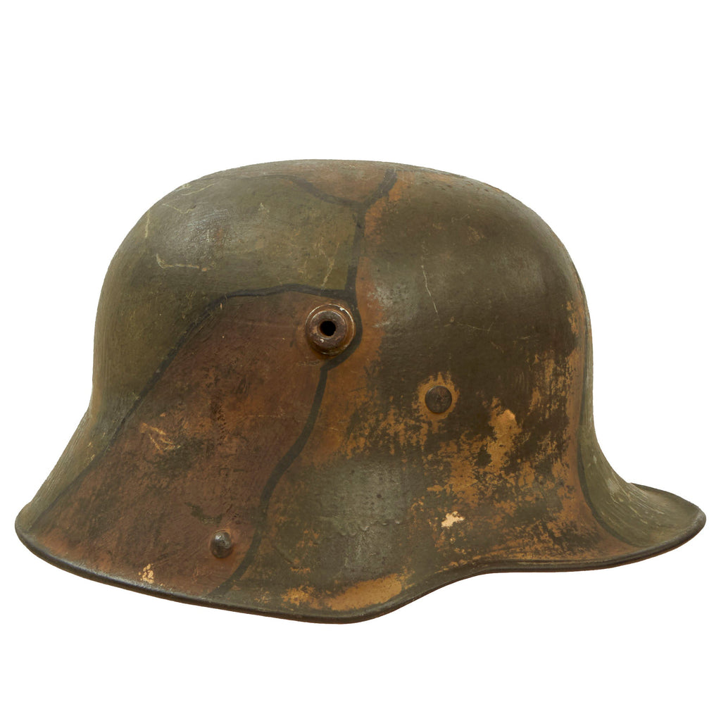 Original German WWI M16 Stahlhelm Helmet with Panel Camouflage Paint & Full M17 Liner with Detached Chinstrap - Marked BF64 Original Items