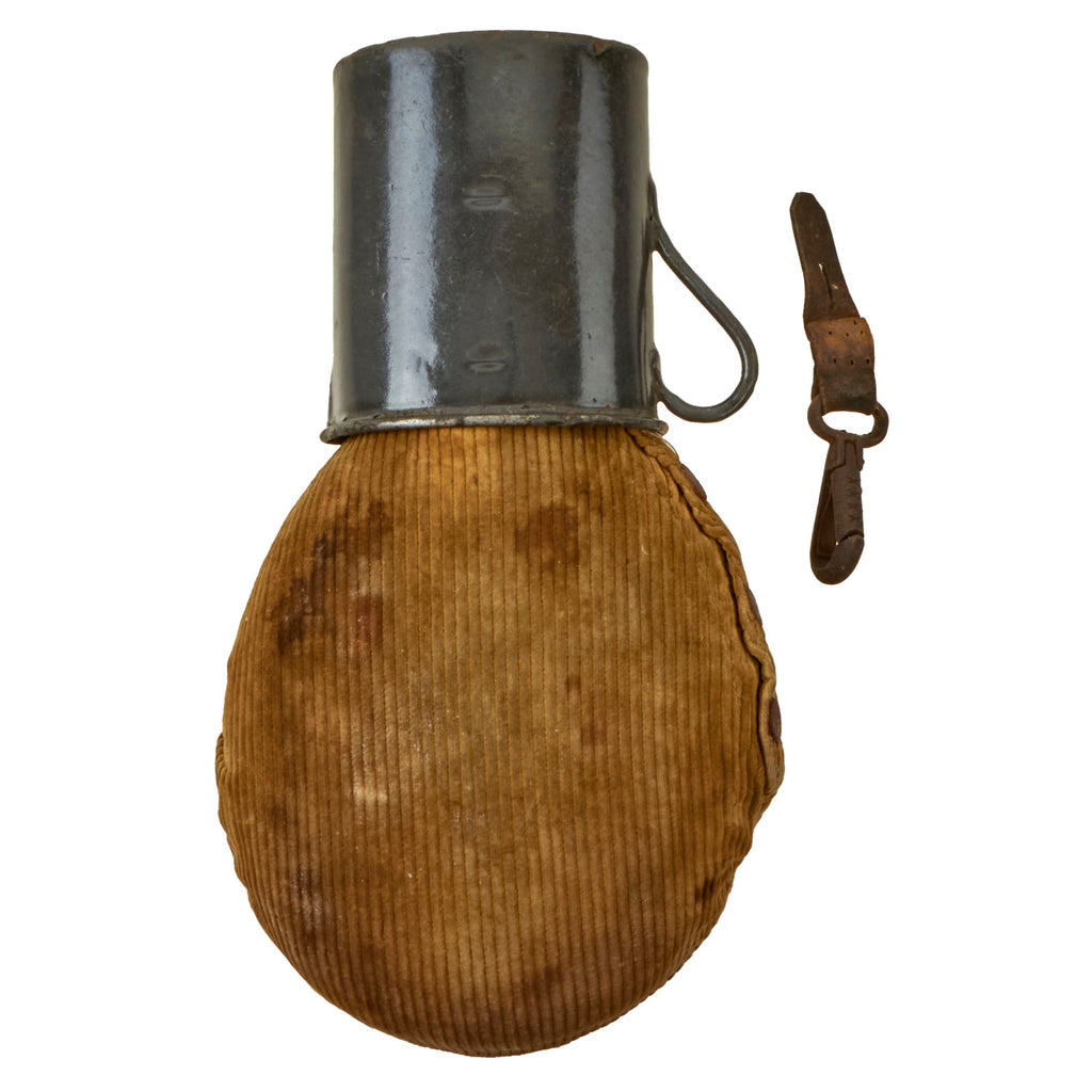 Original German WWI Infantry M1915 Canteen with Corduroy Cover & Cup Dated 1918 - Feldflasche Original Items