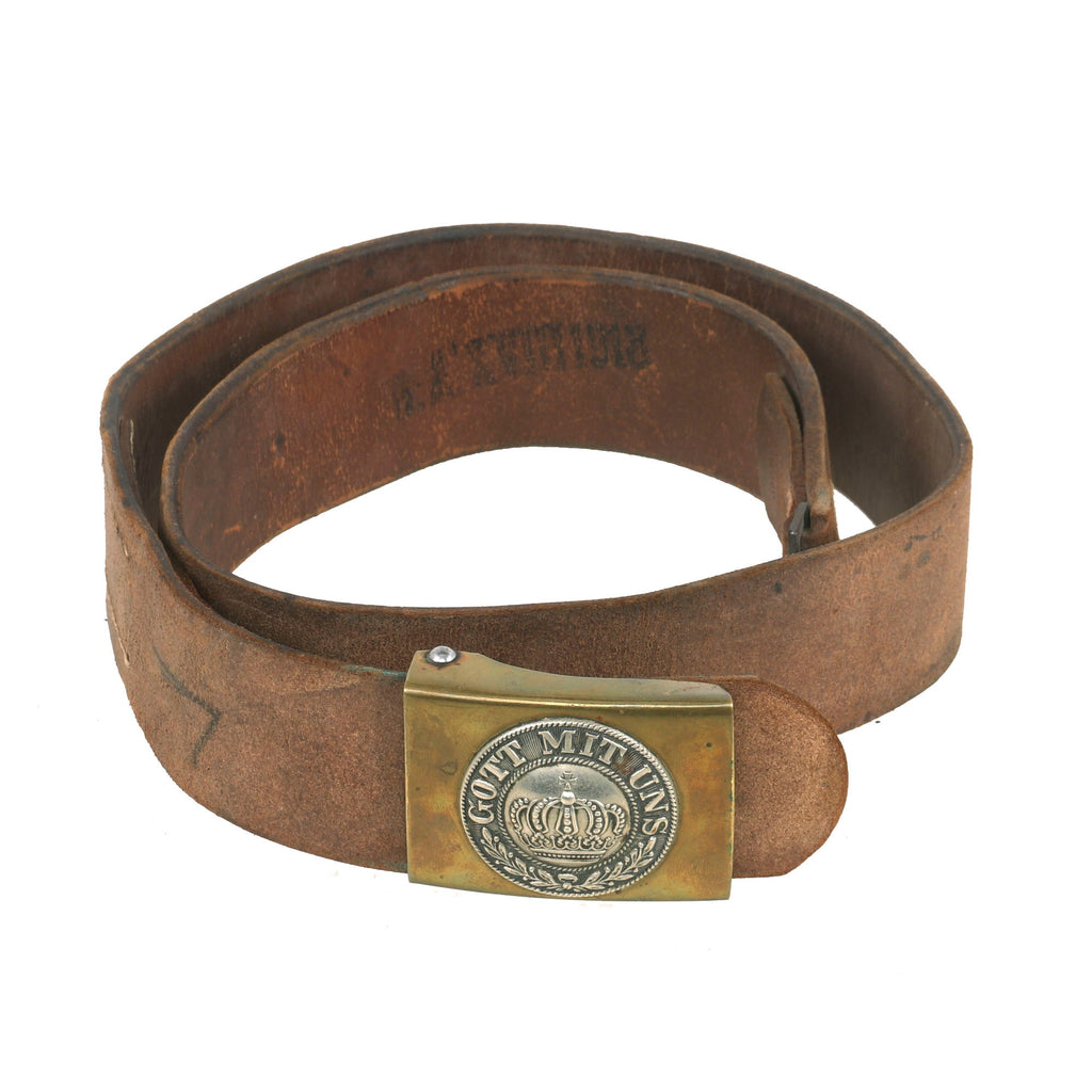 Original Imperial German WWI Prussian M1915 Belt with "Gott Mit Uns" Brass Belt Buckle - Depot Markings Original Items