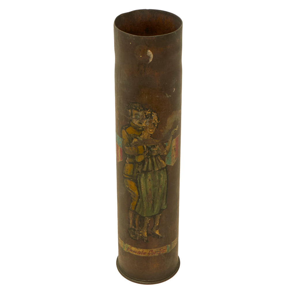 Original U.S. WWI French 75mm Artillery Shell Trench Art Painted with Doughboy & French Woman Original Items