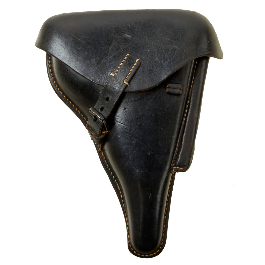 Original German WWII P.08 Luger Pistol Black Leather Hardshell Holster with Wooden Placeholder Magazine by Otto Graf - Dated 1942 Original Items