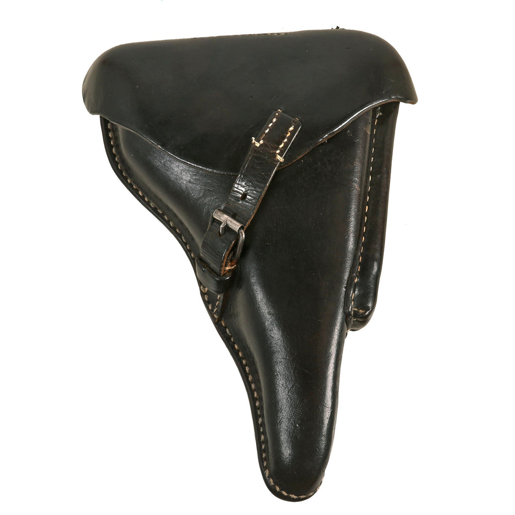 Original German WWII P.08 Luger Pistol Black Leather Hardshell Holster by Hans Römer - Dated 1942 Original Items