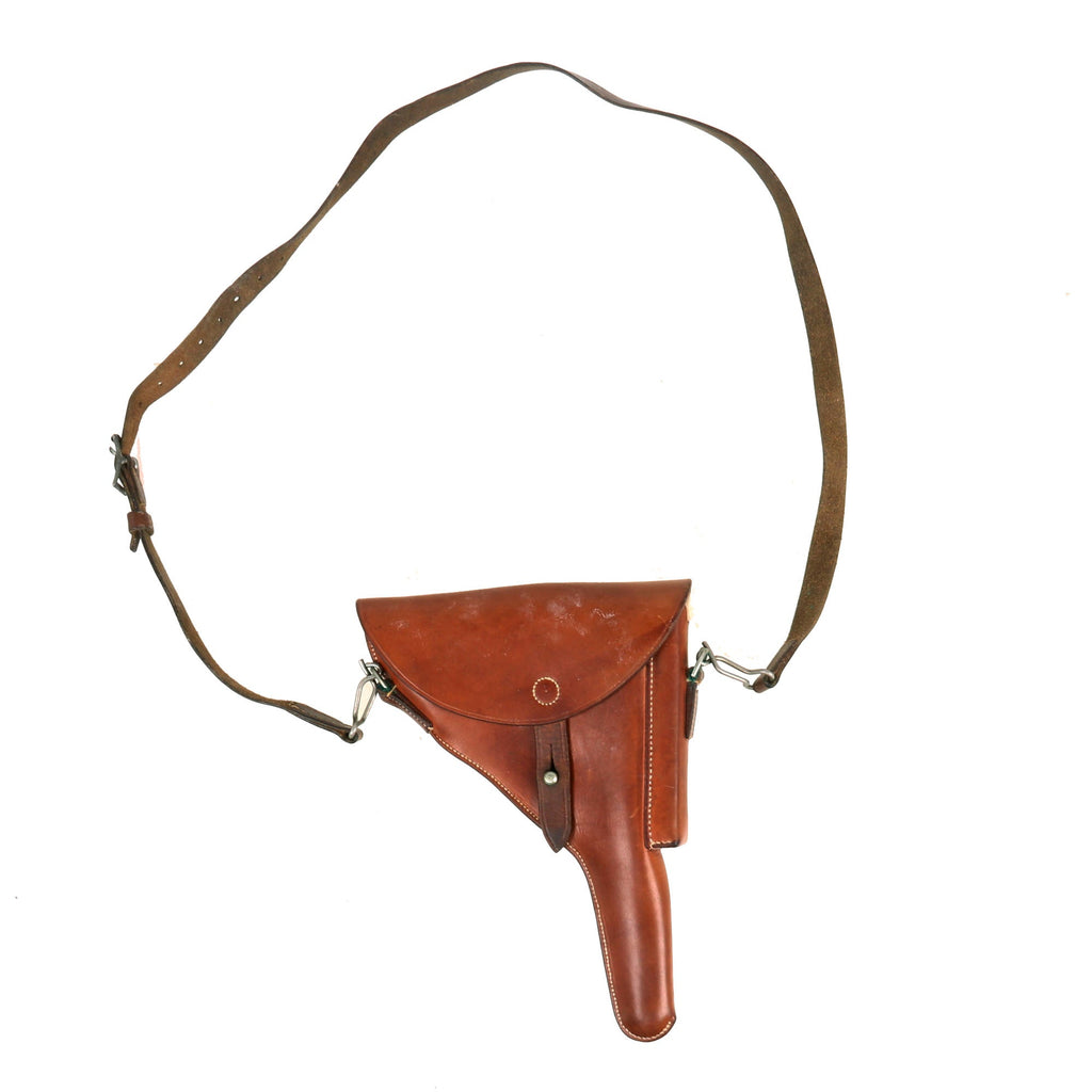 Original Swiss WWII Luger Pistol Holster with Shoulder Strap and Wooden Placeholder Magazine by O. Plüss Sattler - Dated 1937 Original Items