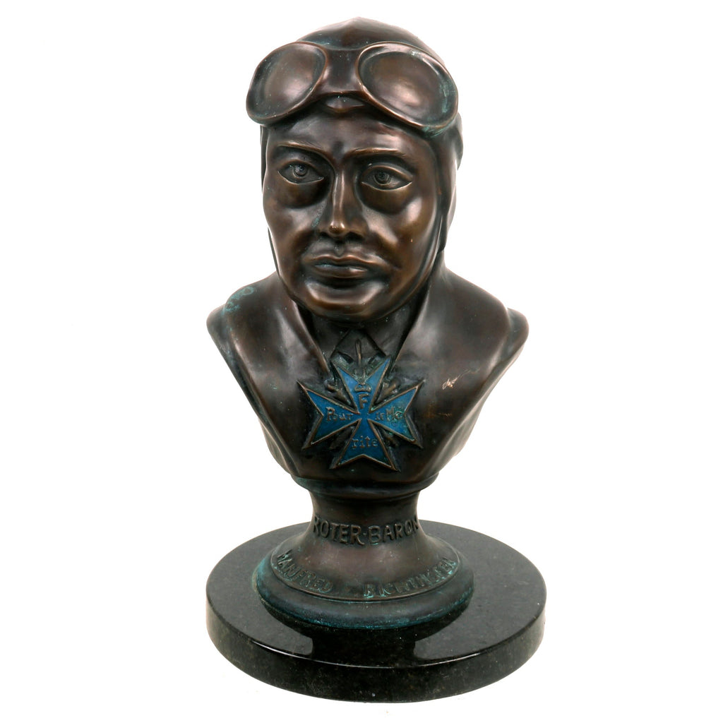Original Imperial German WWI Red Baron - Bust of Manfred von Richthofen on Marble Base Wearing Pour le Mérite by Ferdinand Preiss - “Roter Baron” - 17½” Tall Original Items