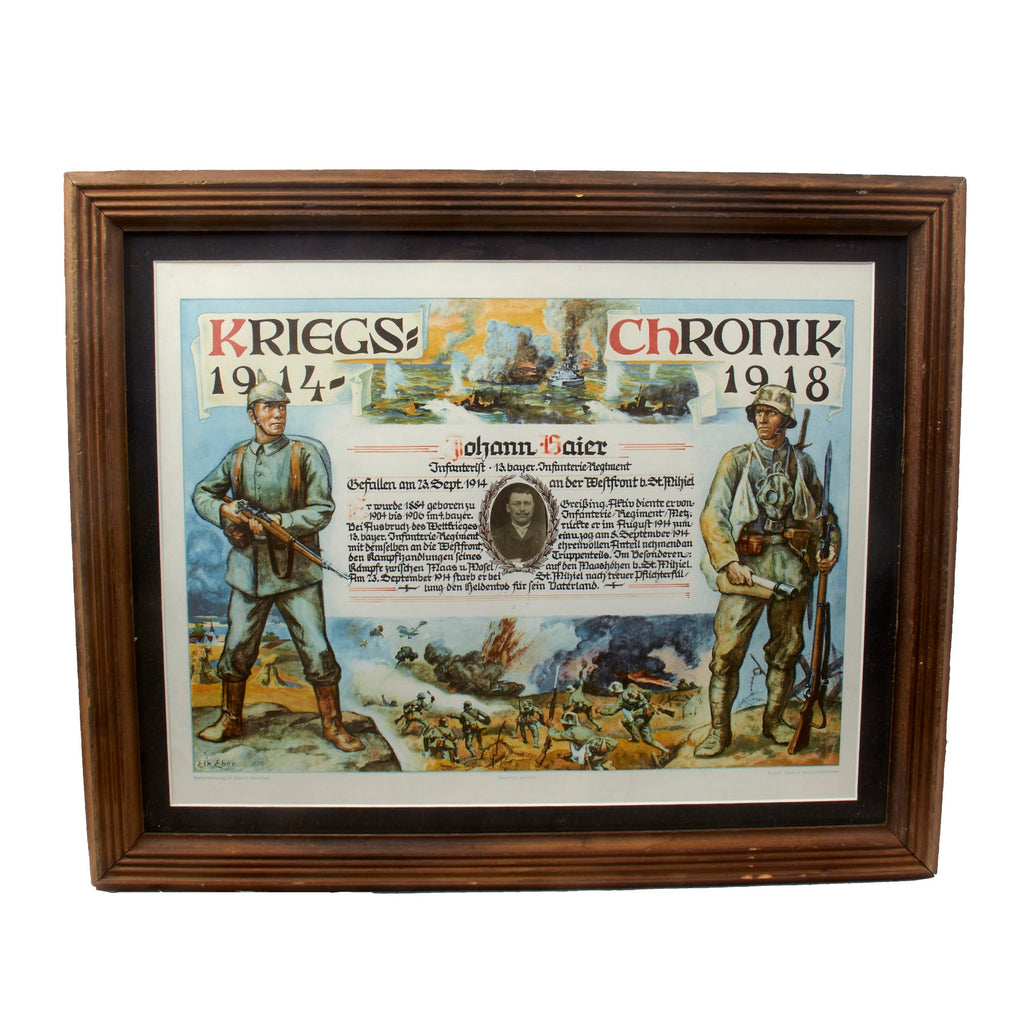 Original Imperial German WWI 13th Bavarian Infantry Regiment Framed War Chronicle Document for KIA Soldier - Killed September 23rd, 1914 - 18½ x 22½” Original Items