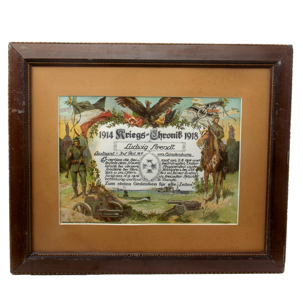 Original Imperial German WWI 147th Infantry Regiment Framed War Chronicle Document of Leutnant Ludwig Arendt - 18½ x 22¼” Original Items