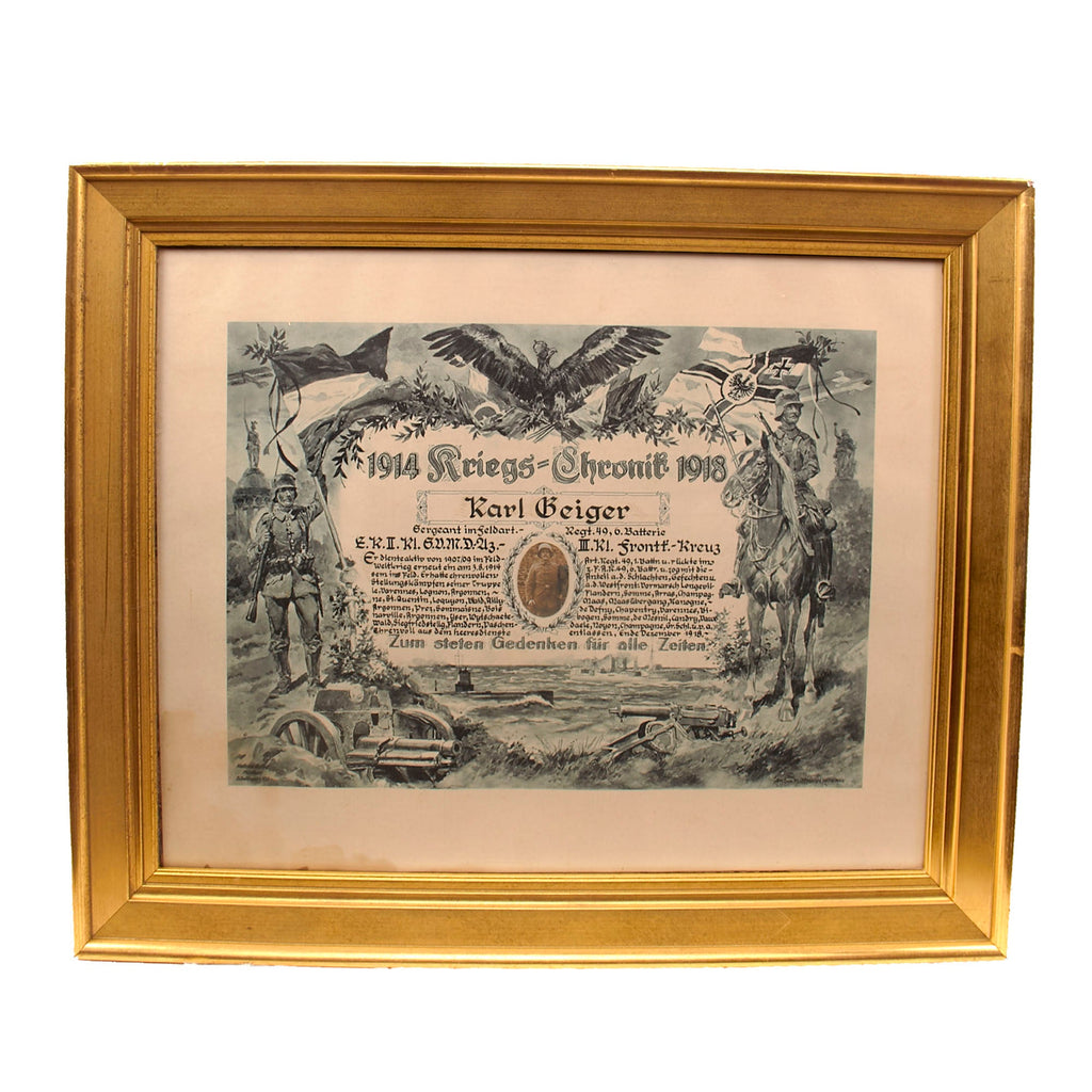 Original Imperial German WWI Wurttembergische Feldartillerie-Regiment Nr. 49 Framed War Chronicle Document - 19½ x 23¼” Original Items