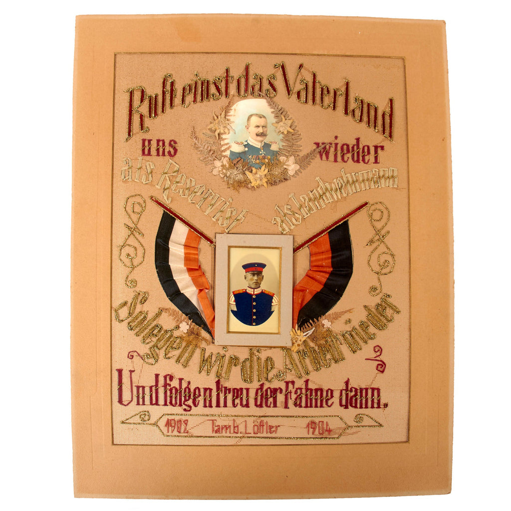 Original Imperial German Pre-WWI Embroidered Service Memento Soldier’s Portrait with Hand-Painted Uniform - Dated 1902-1904 - Needs Framing - 14 ¾ x 19 ¼” Original Items