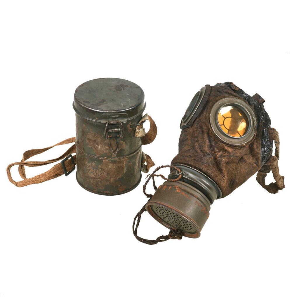 Original Imperial German WWI Excellent M1917 Ledermaske Gas Mask & Canister with Original Ersatz Strap Retained & Spare Lenses Original Items