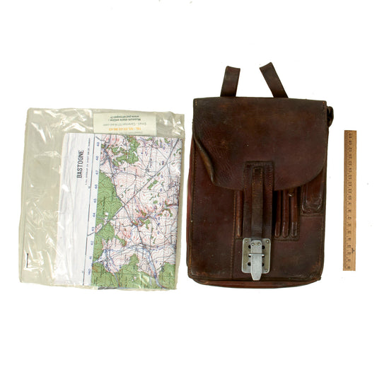 Original German WWII Officer M35 Brown Leather Dispatch Map Case with Copy of U.S. Army Bastogne Map from Museum in Normandy Original Items