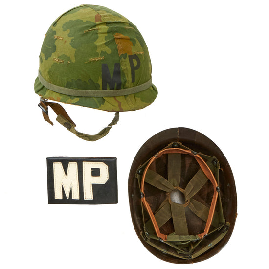 Original U.S. Late Vietnam War Era Military Police M1 Helmet with 1974 Dated Camouflage Cover, Liner and Leather ‘MP’ Brassard Original Items
