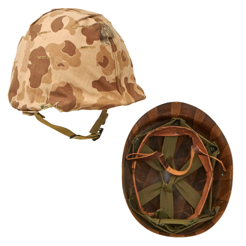 Original U.S. Korean War USMC M1 Helmet with Westinghouse Liner and Blue Anchor 1953 USMC Cover With Stenciled Eagle, Globe and Anchor - Complete Original Items