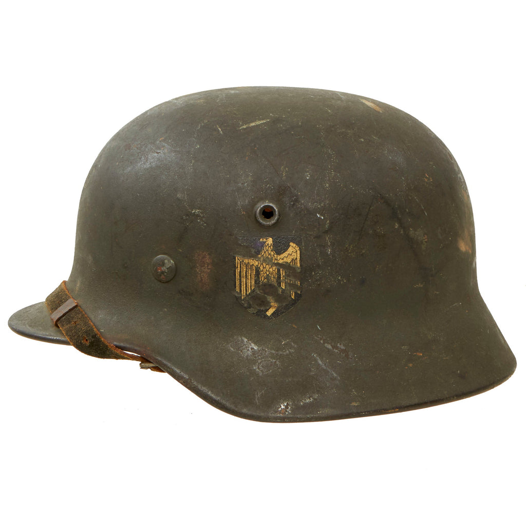 Original German WWII Army Heer M40 Single Decal Textured Paint Steel Helmet with 56cm Liner & Chinstrap - Q64 Original Items