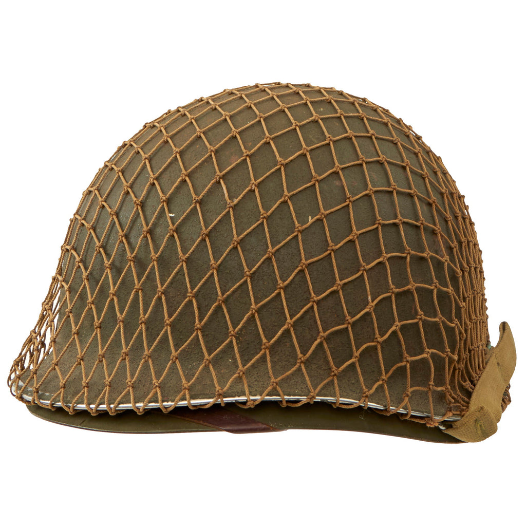 Original U.S. WWII 1943 M1 McCord Front Seam Fixed Bale Helmet with Firestone Liner - With Noncommissioned Officer Horizontal “Follow Me” Stripe Original Items