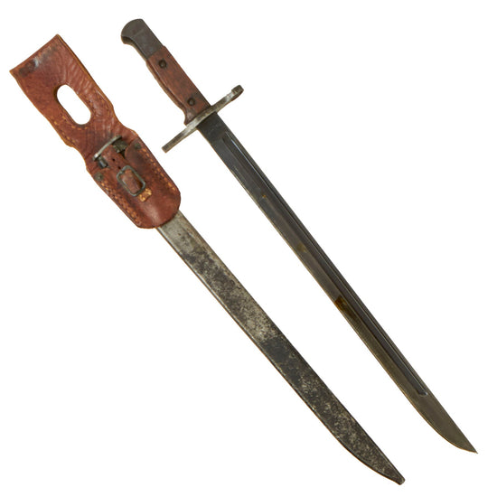 Original Japanese WWII Kanji Marked Arisaka Type 30 Bayonet by Matsushita National Denki with Steel Scabbard and Leather Frog Original Items