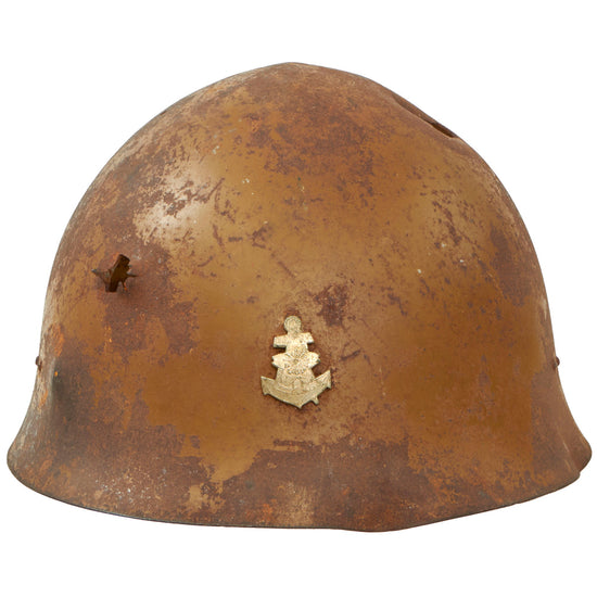 Original WWII Japanese Special Naval Landing Forces (SNLF) Helmet Shell with Metal Badge Insignia - “Battle Damaged” Original Items