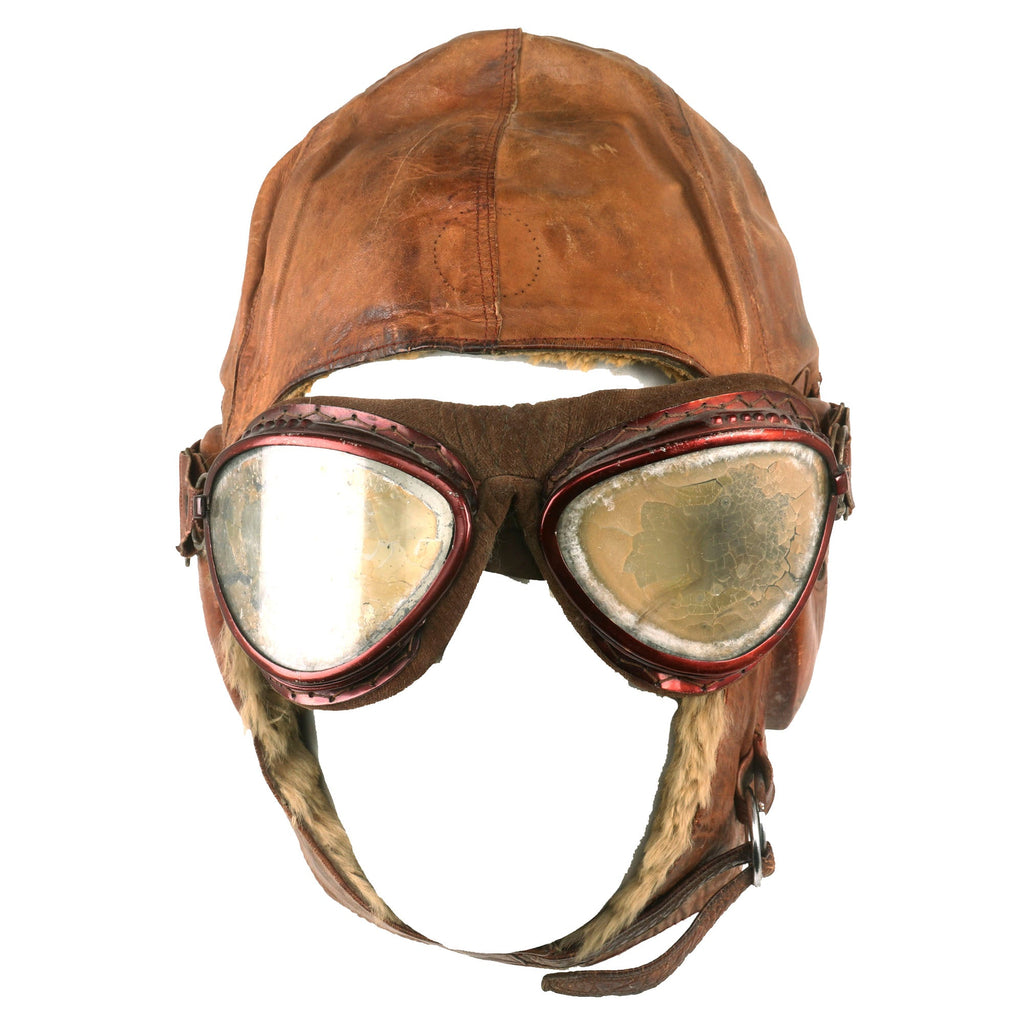 Original Japanese WWII 1941 Dated Leather Winter Flying Helmet with Pilot Goggles Original Items
